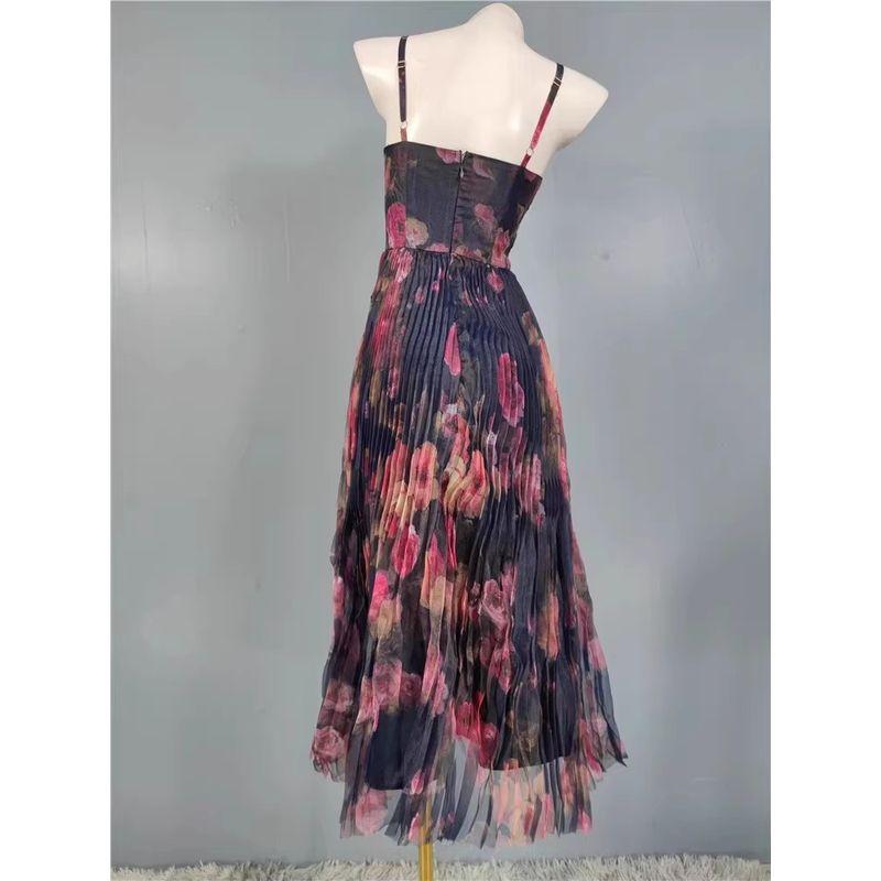 Foreign Trade Order Lu's Sling Elegant Print Mesh Lady Summer Vacation Fashion Elegant Big Hemline Dress