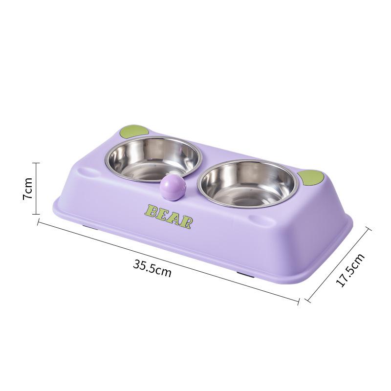 

1pc cat bowl, dog bowl, pet stainless steel double bowl, anti slip and anti knock pet bowl, new cartoon teddy bear drinking bowl фиолетовый