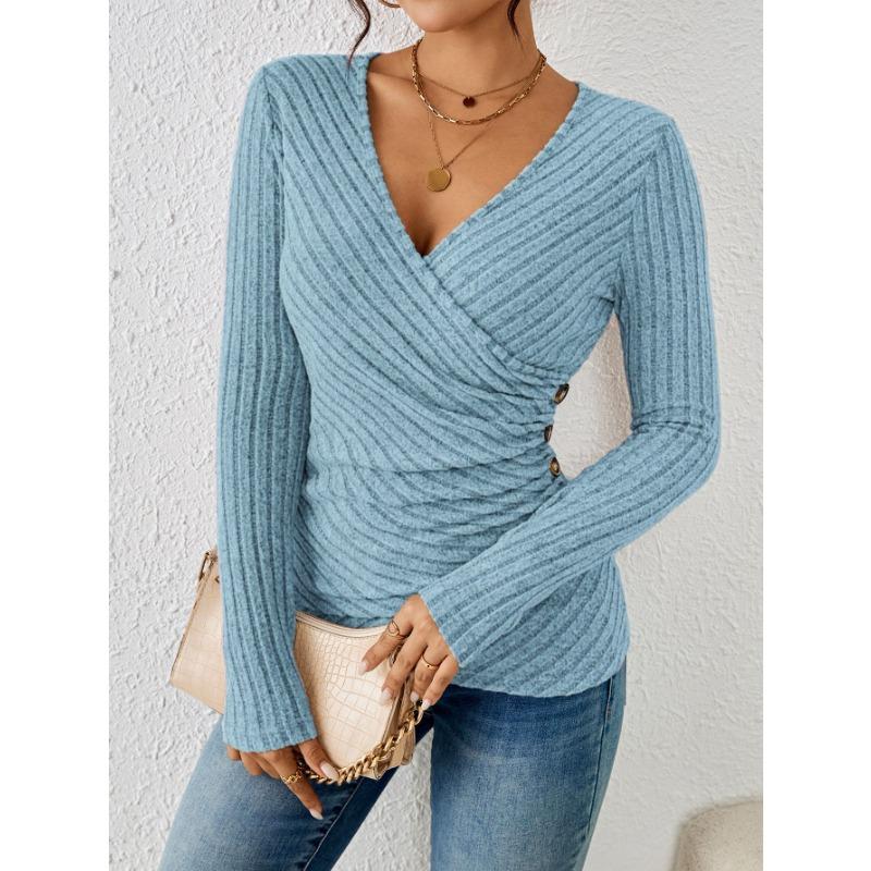 Camisetas casuales de manga larga para mujer con cuello en V y color sólido para primavera y otoño