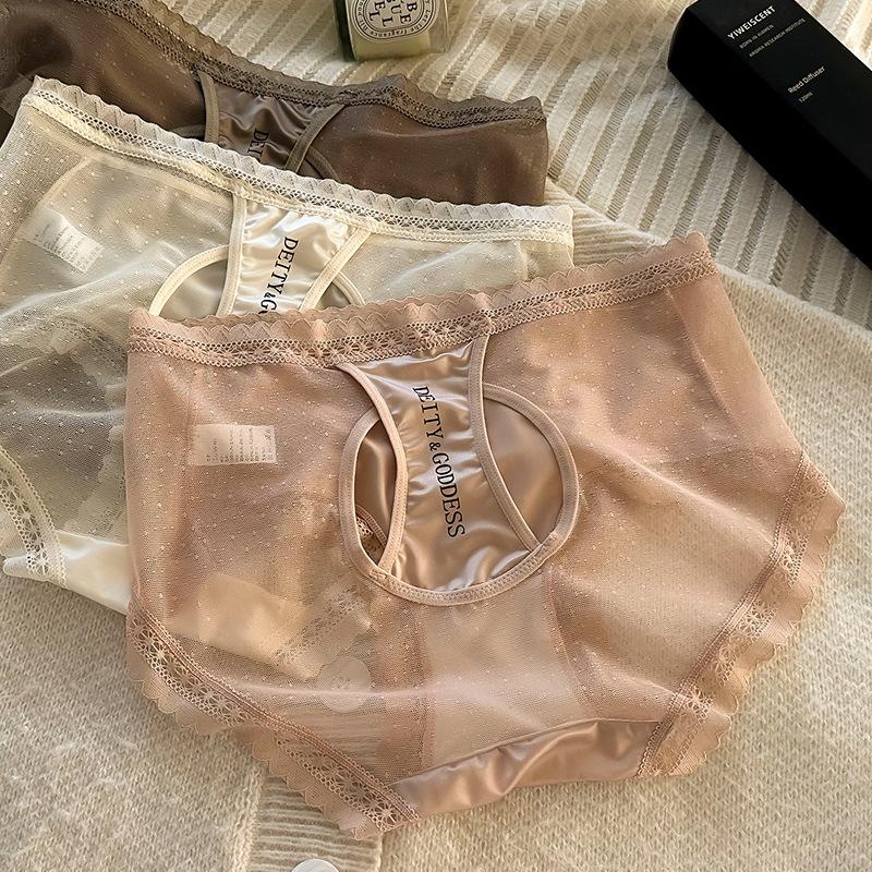Large Size Female Light Luxury Satin Pearlescent Hollow Sexy Pure Desire To Pack Hip Mid Waist Underwear