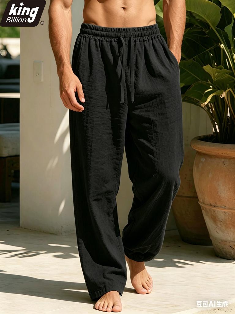 Men's Linen Blend Casual Pants — Elastic Drawstring Waist, Loose Straight Leg, Breathable Summer Trousers In Black