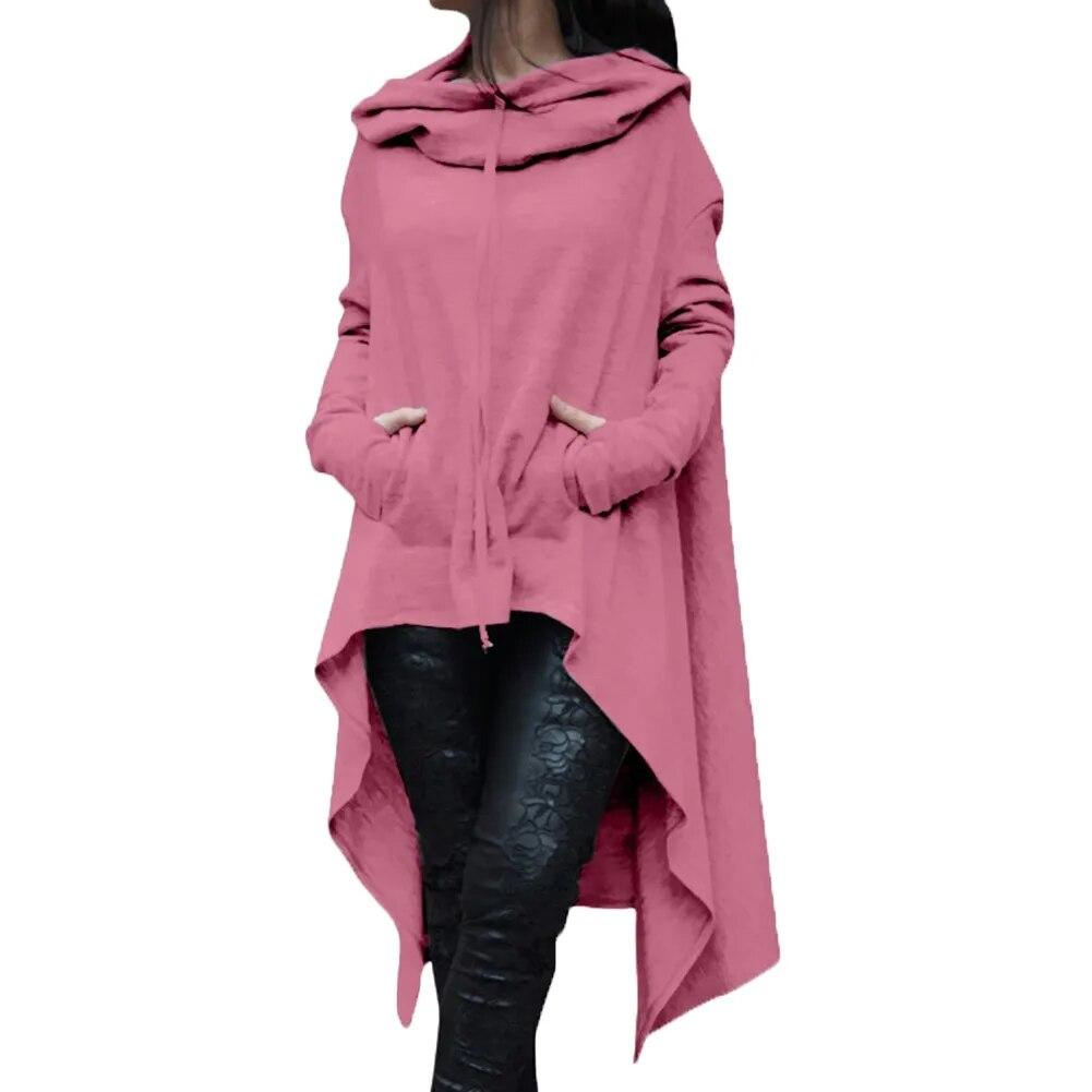 Felpa con cappuccio da donna in misto cotone tinta unita con orlo asimmetrico con coulisse Cappotto poncho allentato per felpa con cappuccio da donna