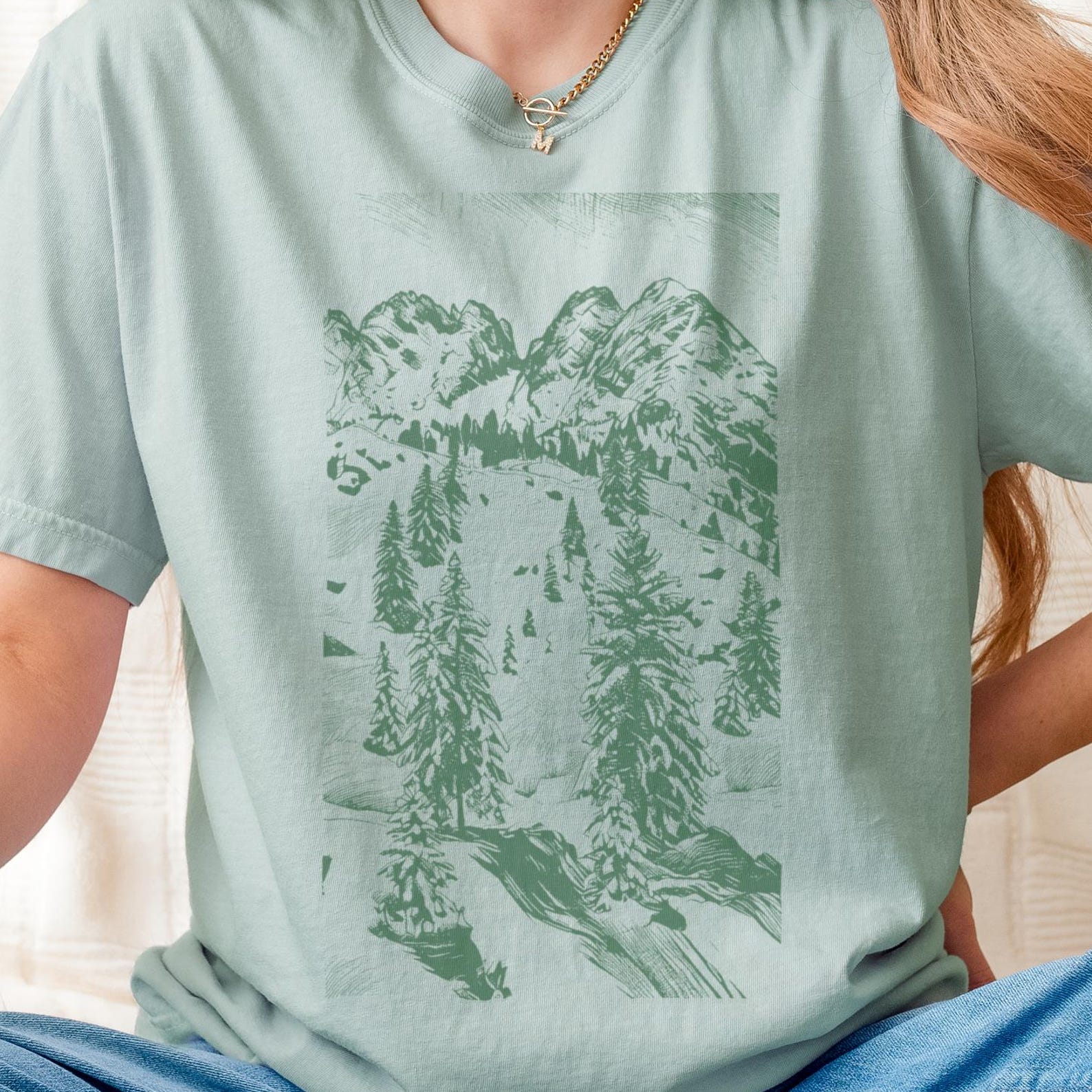 Scenic Mountain T-Shirt, Unisex Outdoor Nature Tee Mountains Gorpcore Pine Trees 150