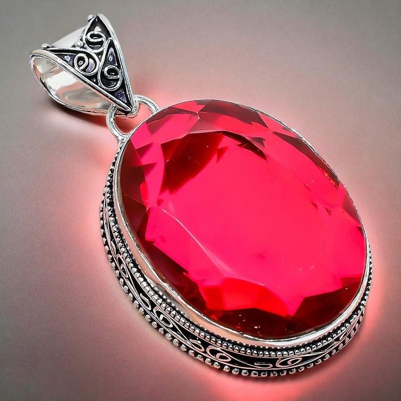 Mozambique Garnet Gemstone Handmade 925 Sterling Silver Jewelry Pendant 2.17" AH-831