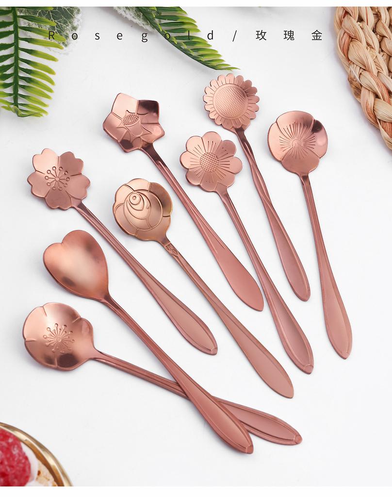 8pcs Teaspoons Set Stainless Steel Spoon Cherry Rose Gold Silver Scoop Coffee Spoon Christmas Gift Kitchen Accessories Tableware