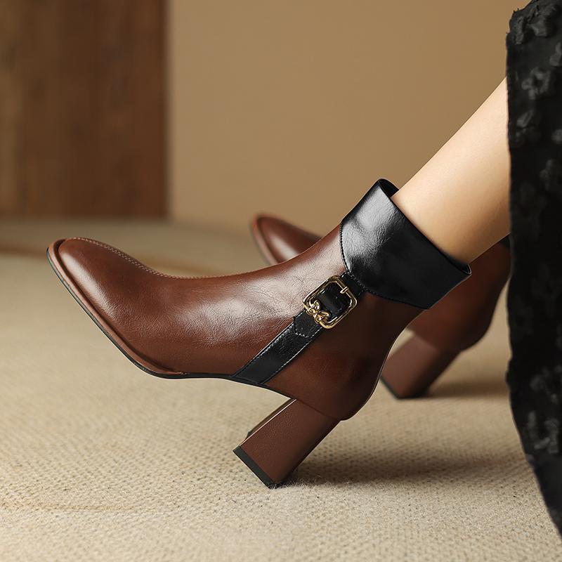 Fashion 2024 Autumn/Winter Women Boots Square Toe High Heel Shoes for Women Black Leather Boots Women Lace Up Handemade Shoes