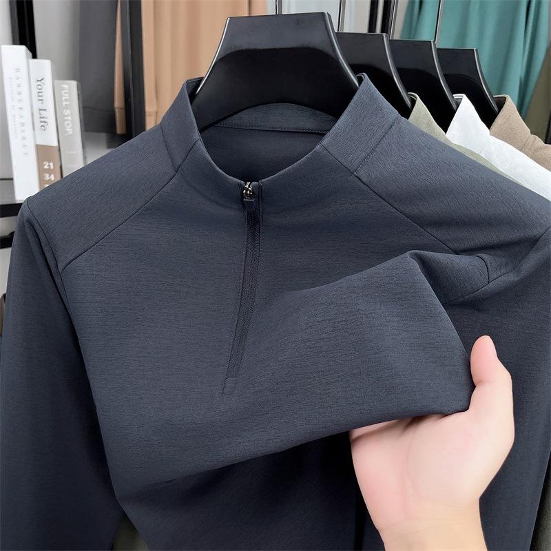 New semi-zipper stand-up collar sports long-sleeved t-shirt men's spring and autumn outdoor bottoming shirt solid color pullover casual top