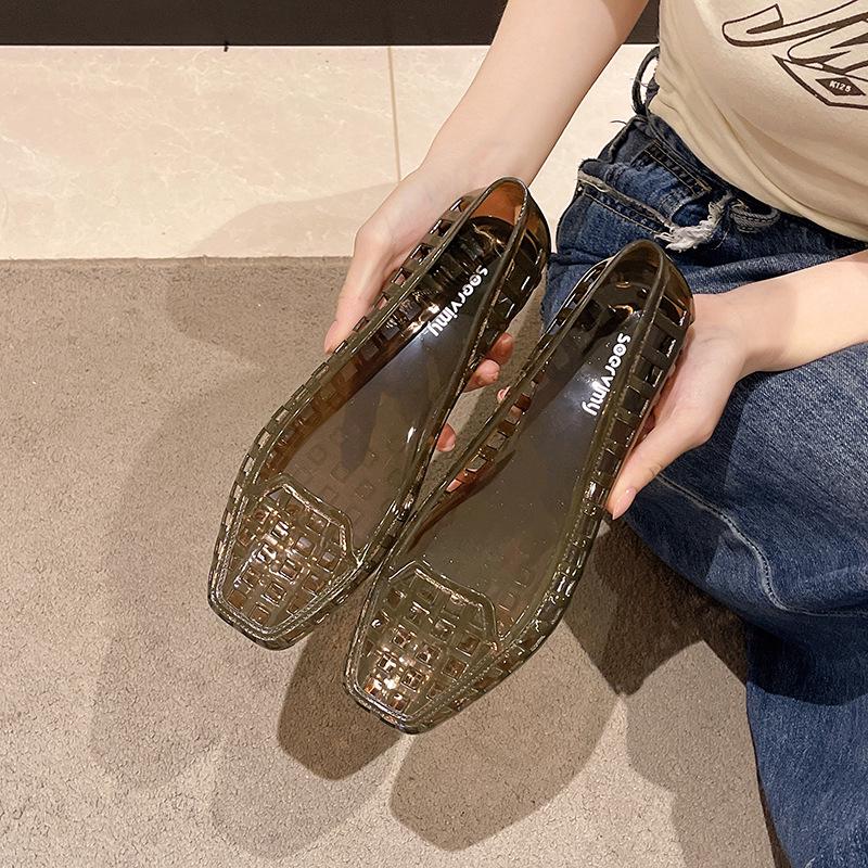 Korean-Style Low-Cut Crystal Flat Sandals & Slip-On Jelly Shoes with Square Toe