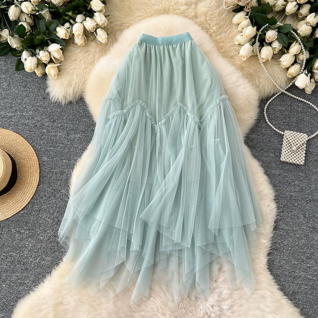 Summer Women Sweet Mesh Patchwork High Waist Long Midi Skirt