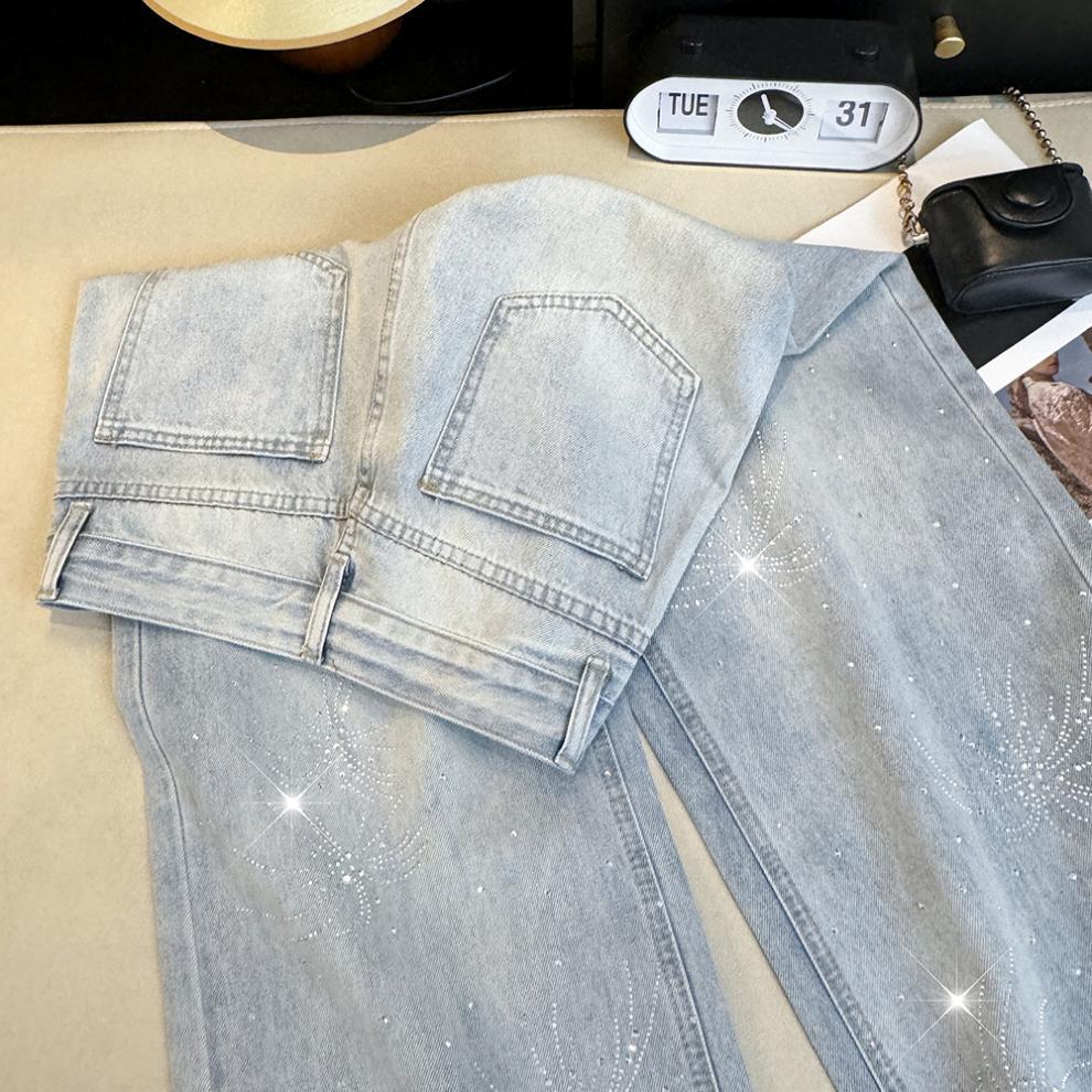 Women’s High Waist Shiny Rhinestone Denim Wide-Leg Pants - Early Spring Design