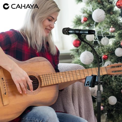 CAHAYA [Latest 2-Way Design with Cell Phone Holder] Gooseneck Microphone Stand, Straight, Height Adjustable from 83-187cm, Includes 1 Gooseneck Arm, 1