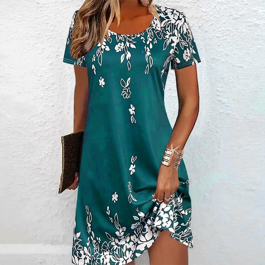 Elegant Floral Pattern Women Mini Dresses Summer Short Sleeve Printed Plus Size Casual Comfortable Soft Dress