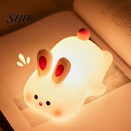 Kid Room Night Light Silicone Big Face Rabbit Tap USB Rechargeable Convenient Charging with Dimmable Timer Soft Eye-Protective LED for Sleeping