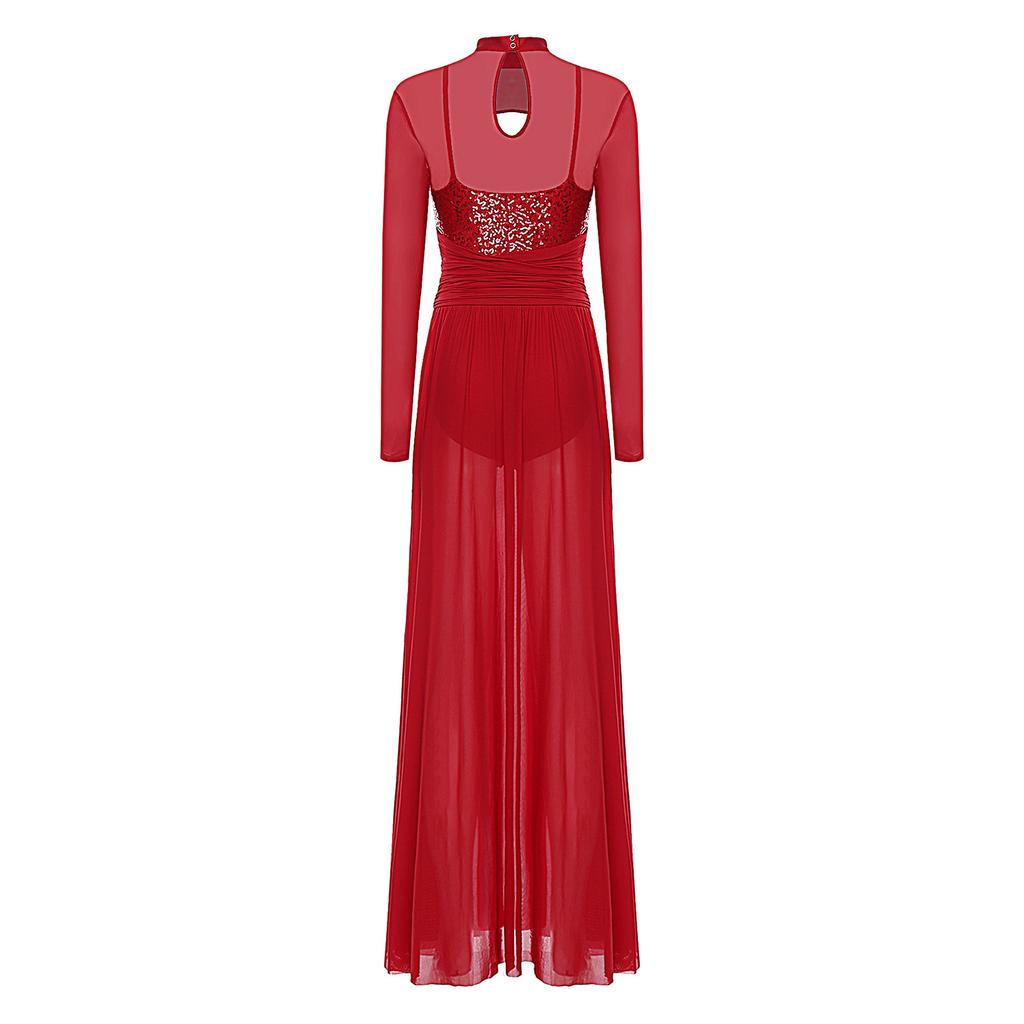 Women Lyrical Dance Costumes Sequin Long Sleeve Mesh Tulle Flowy Maxi Long Dress Built In Briefs Modern Dancewear