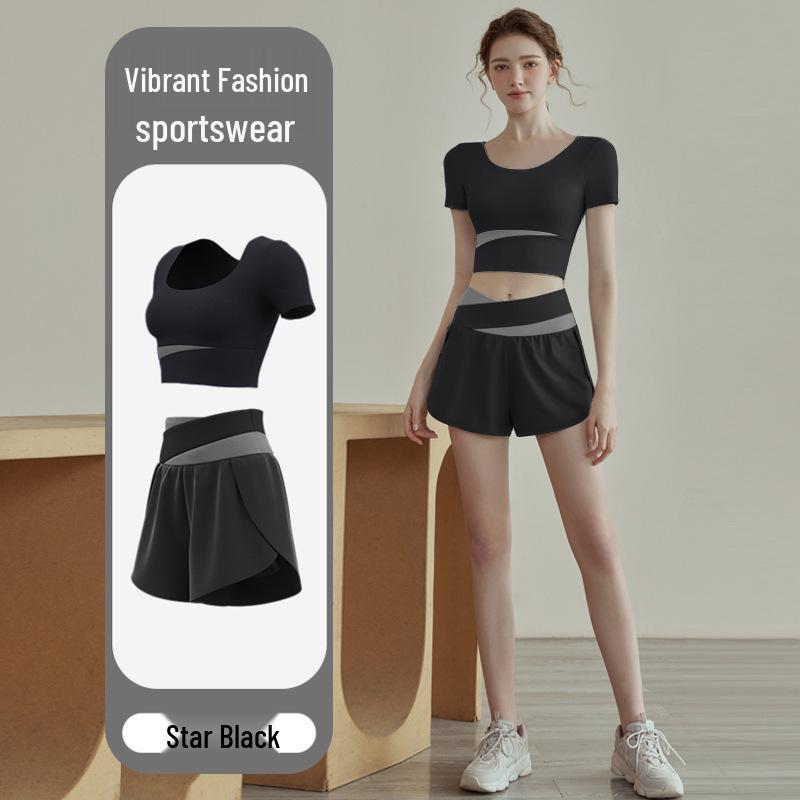Premium Women's Color Block Sportswear Set - Short Sleeve Top & High-Waist Shorts, Yoga & Pilates Two-Piece Outfit