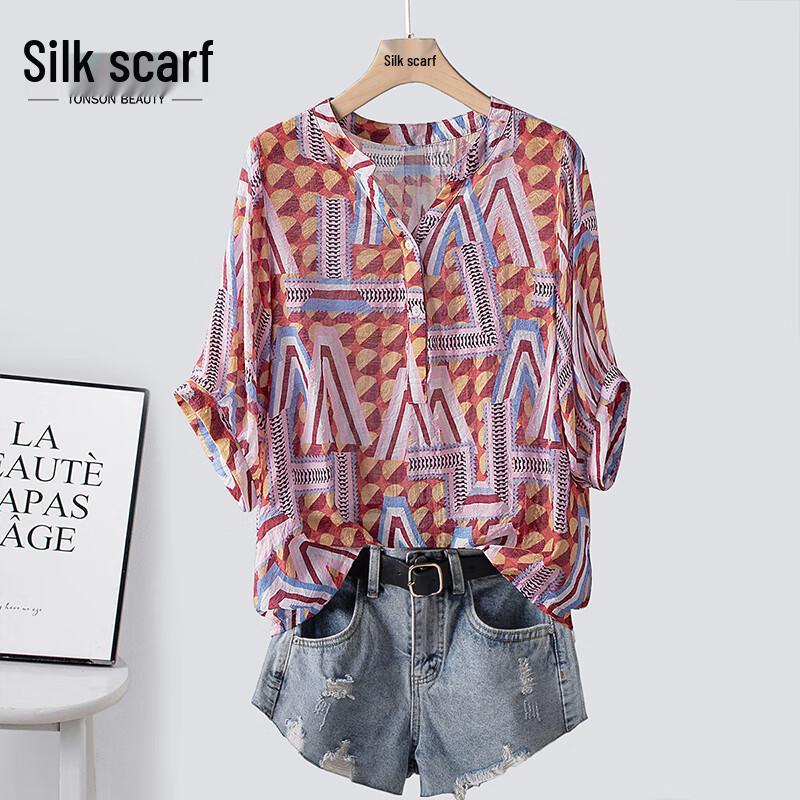 Women s Geometric Print V-Neck Loose Shirt M