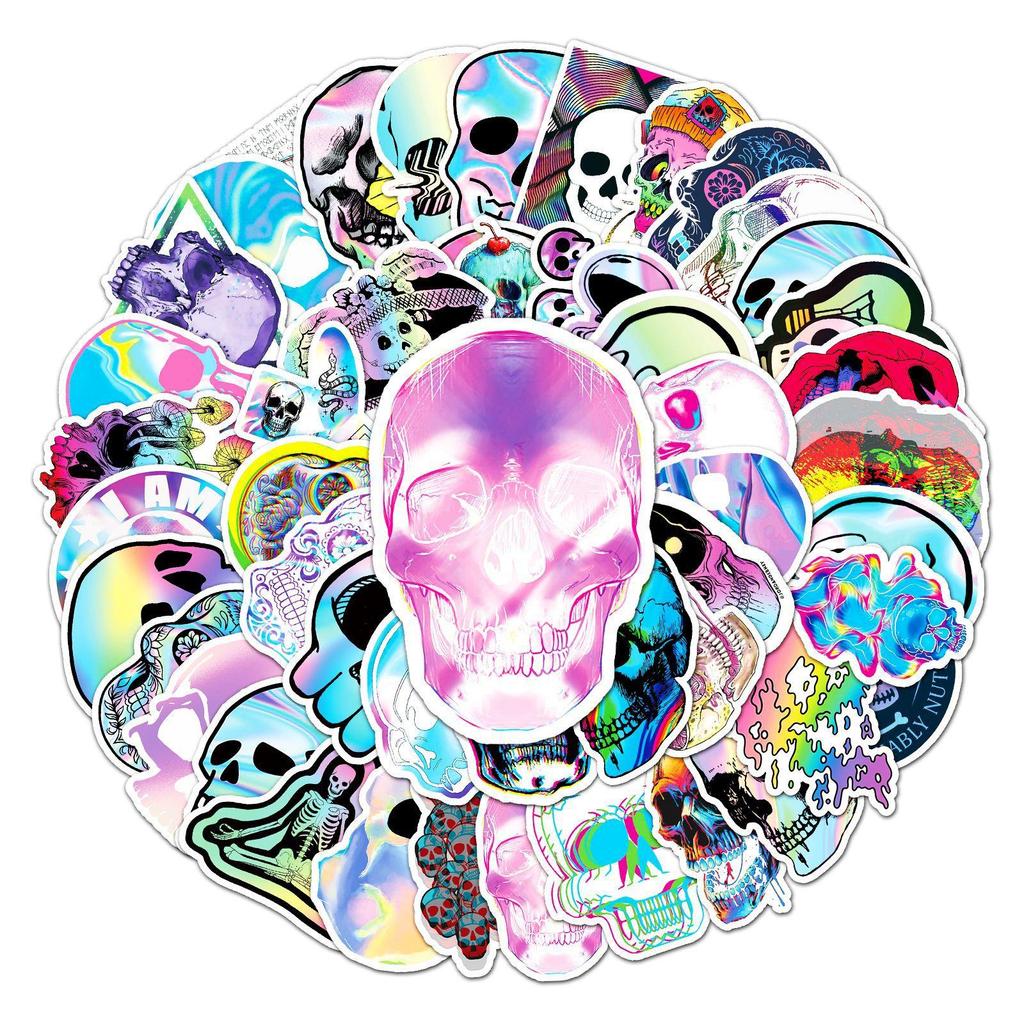 50 PCS Skull Holographic Graffiti Sticker - Metallic Laser Cool DIY Decals for Phone Notebook Helmet Skateboard Luggage, Waterproof Vinyl Stickers