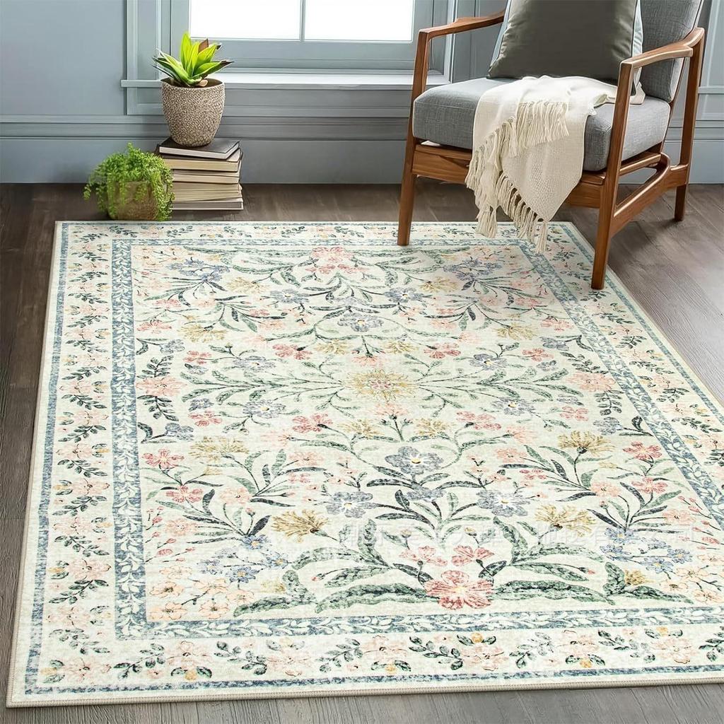 Vintage Modern Elegant Floral Vine Border Pattern Carpet Soft Decorative Mat Rug for Living Room Bedroom Home Decoration Rugs