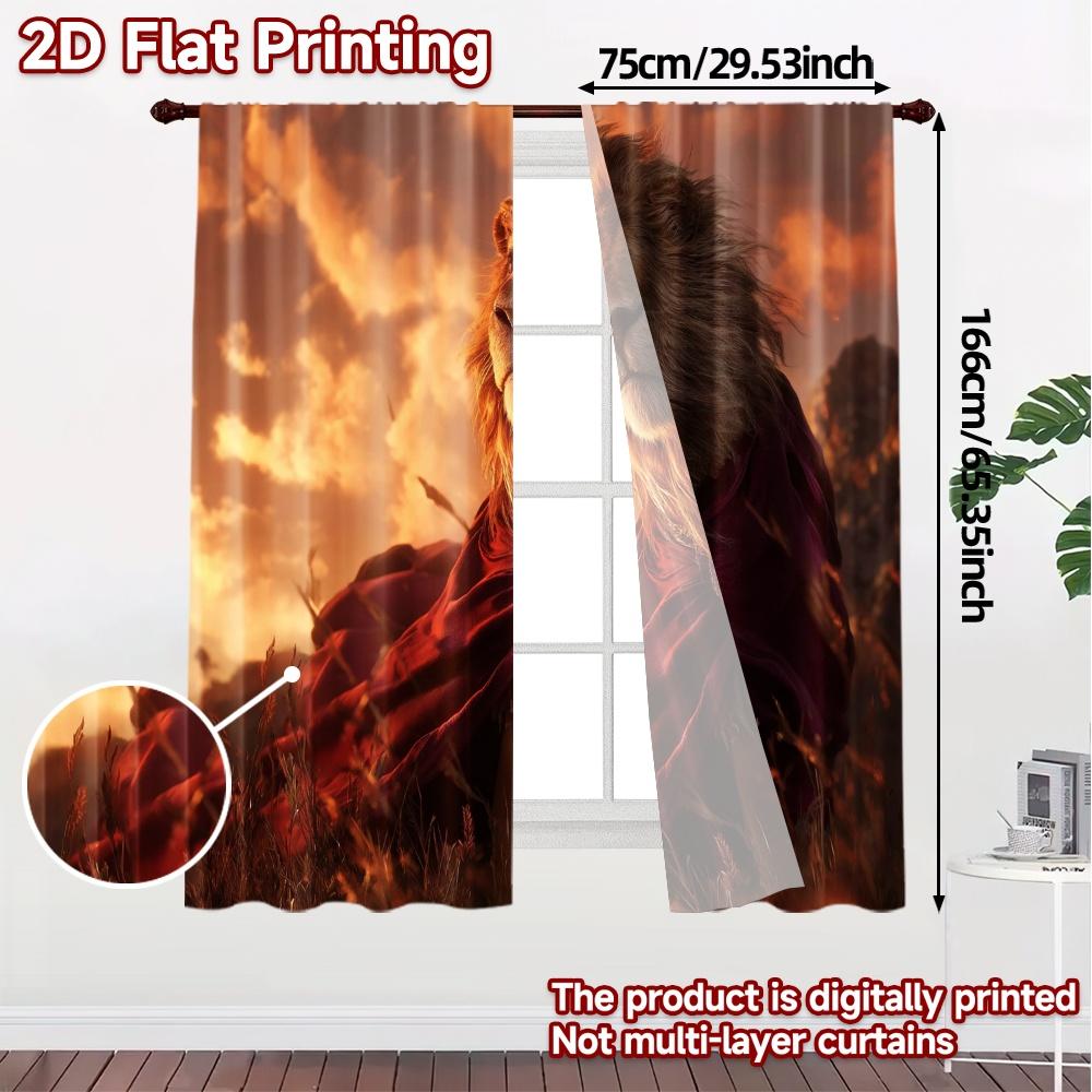 Set aus 2 flachen Druckvorhängen ohne Stange Feuriger Löwe Majestät Schicke Fensterdekoration Polyester Einfach zu installierender Vorhang Hergestellt