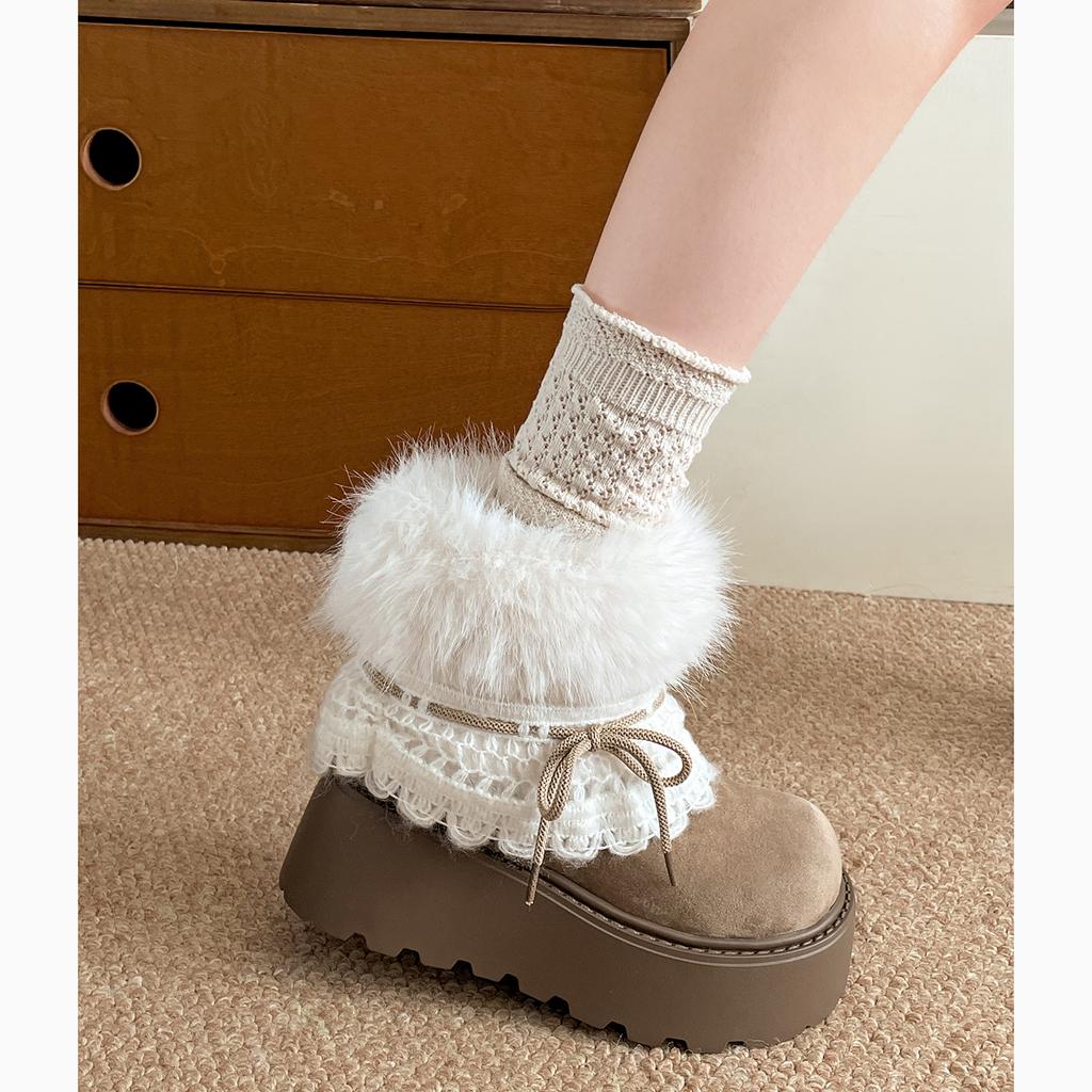 Women's Thick Sole Fuzzy Snow Boots, Lace Decor Autumn Winter Warm Cross-Border Sweet Short Boots