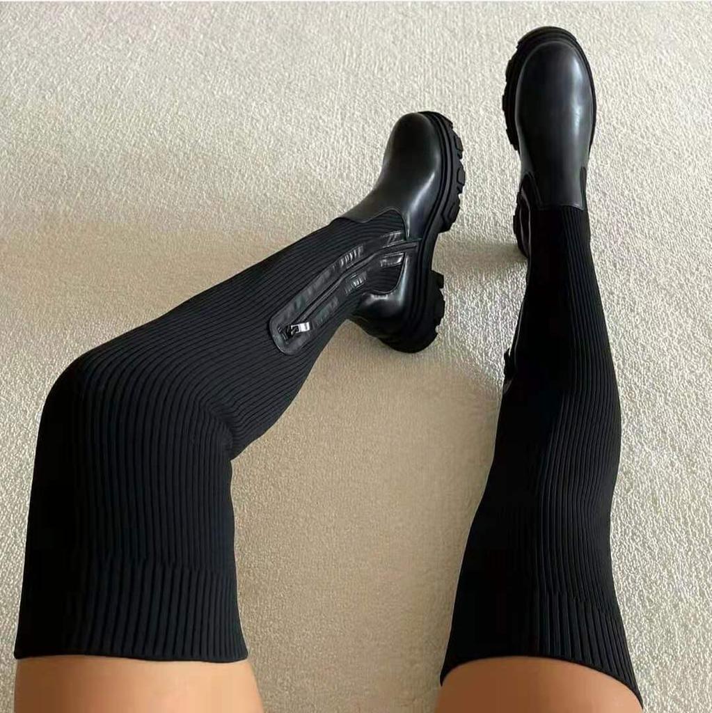 Women Thick Sole 4.5cm Round Toe Boots Winter Breathable Knitting Leather Splicing Side Zipper Stretch Boots Women Shoes Size 43