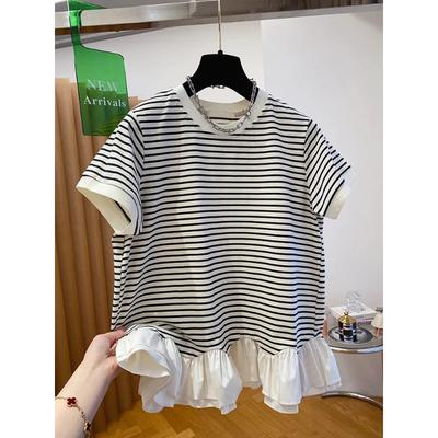 Loose Striped Short-sleeved T-shirt for Women with Patchwork Ruffled Hem Top for Summer