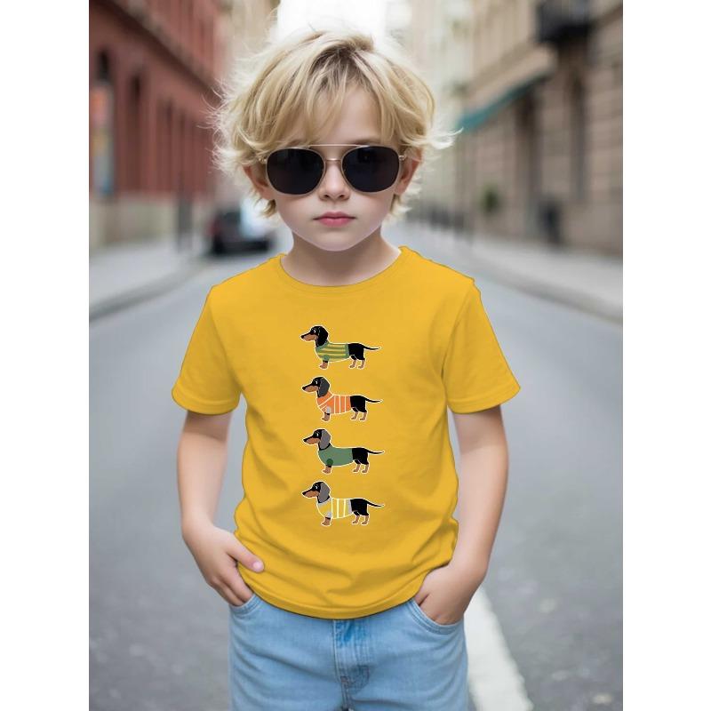 European Size Boys Round-neck Short-sleeved T-shirt with Four Dachshund Pattern Prints