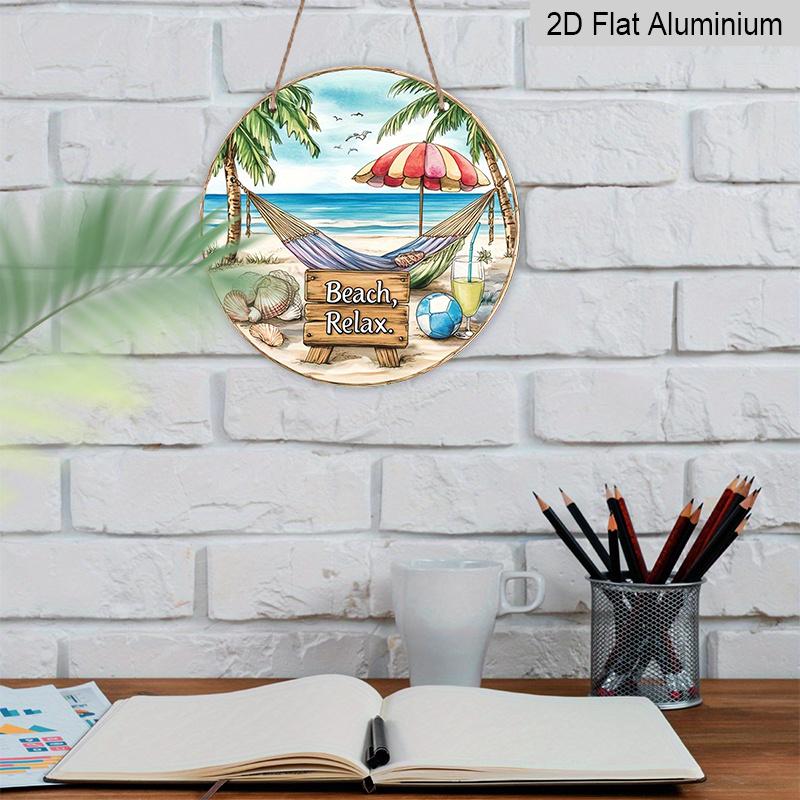 2D Flat, 1Pc Round "Beach, Relax." Aluminum Hanging Sign, Tropical Hammock Palm Tree Ocean Design, Rustic Coastal Metal Wall Decor, Perfect for