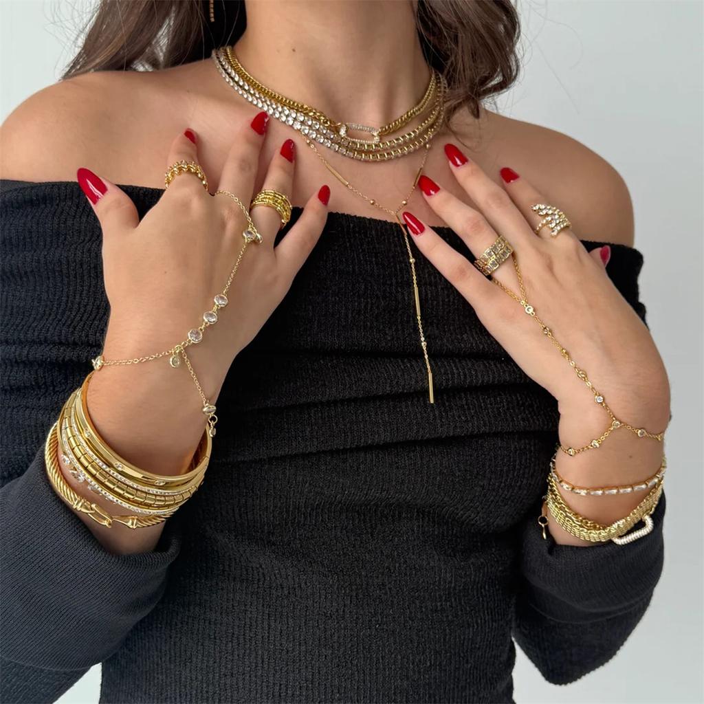 Yori Waterproof 18K Gold Plated Geometric Stainless Steel Finger Bracelet for Women High Quality Korean Dainty Jewelry Gift