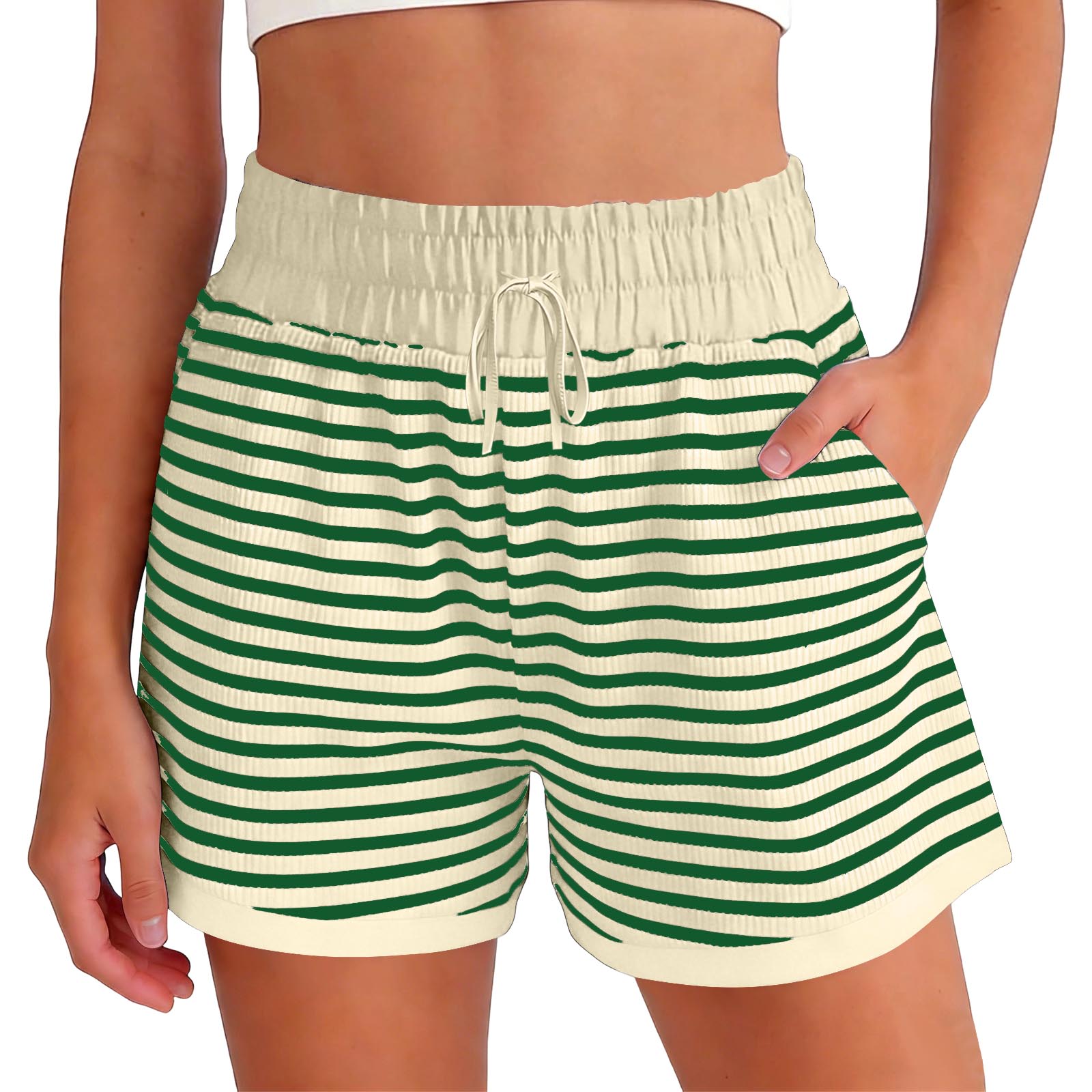 

Women s Fashionable Relaxed-fit Striped Shorts With An Elasticated Waist Drawstring And Pockets M зелёный