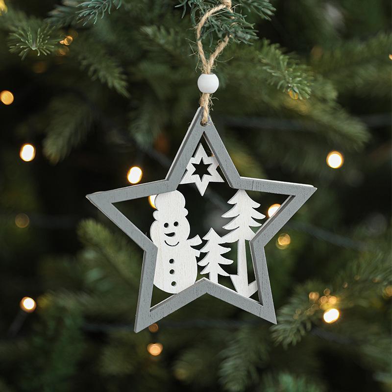 Cross Border Hot Selling Gray Wooden Hollow Christmas Pendant Wooden Wooden Creative Christmas Tree Hanging Decoration