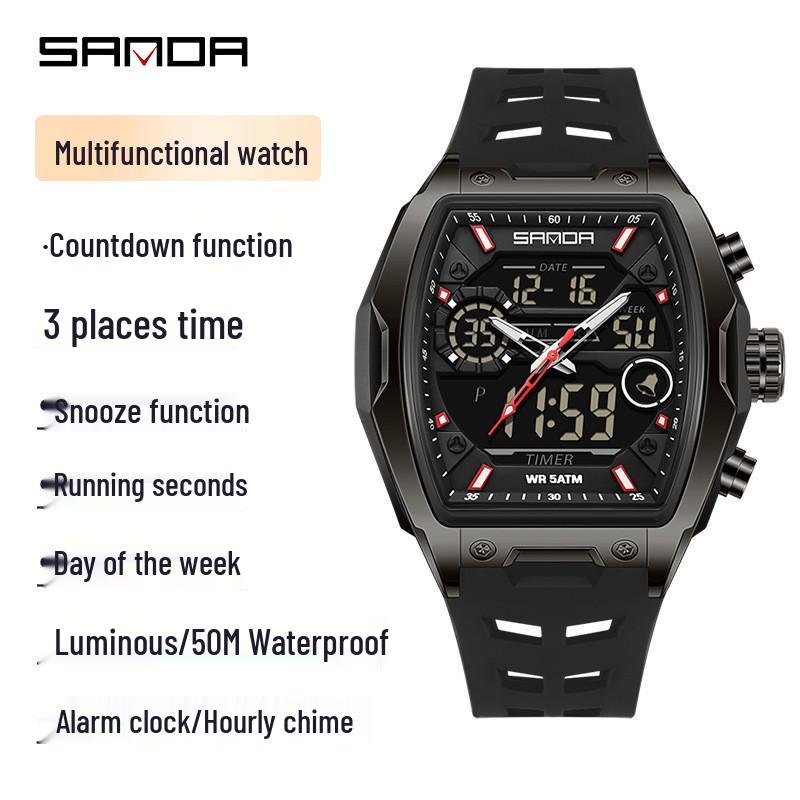 Sanda Dual-Movement Barrel Watch: Luminous Alarm, Large Dial, Multifunctional Student Watch.