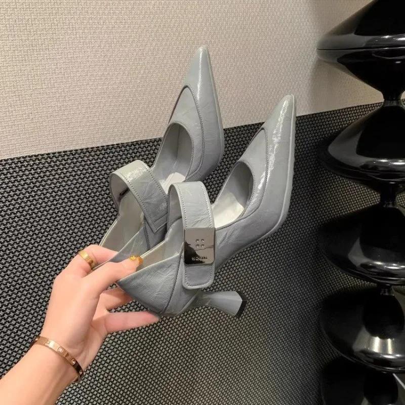 Soft Leather Pointed Toe Single Shoes Women's Autumn New Shallow Mouth Metal Buckle Temperament Fashion High Heels