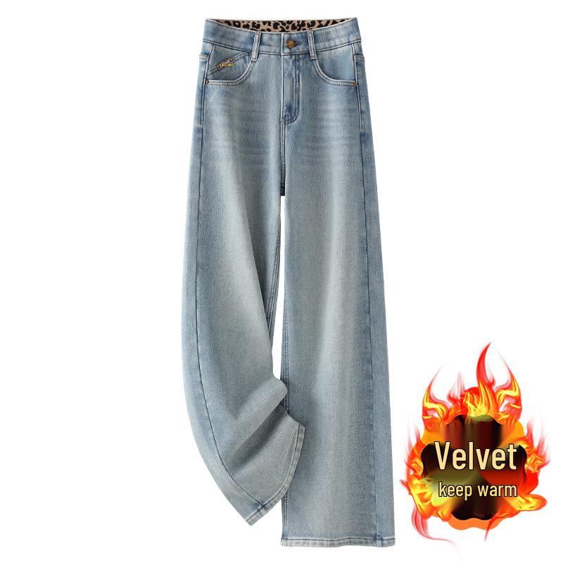 

2024 Женские джинсы светлых тонов на флисовой подкладке: Осенне-зимние варианты узких и широких брюк, утолщенный прямой крой 2XL
