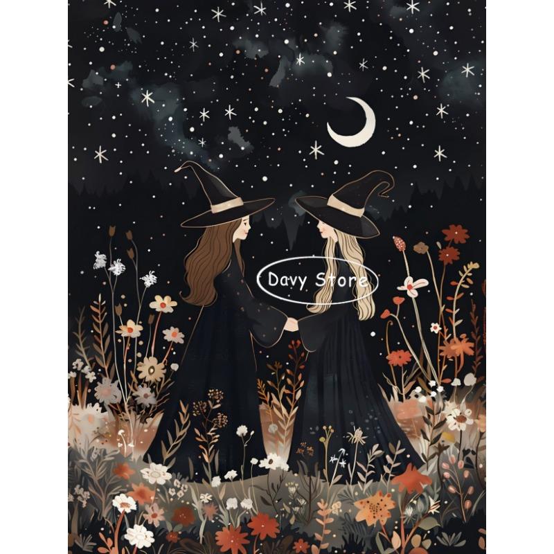 Vintage Witch Black Cat Dark Academia Poster Print Canvas Painting Halloween Witchy Wall Art Picture Gothic Room Home Decor