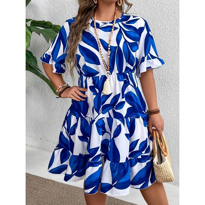 

2025 New European & American Women s Short Sleeve Plant Print Dress 5XL синій