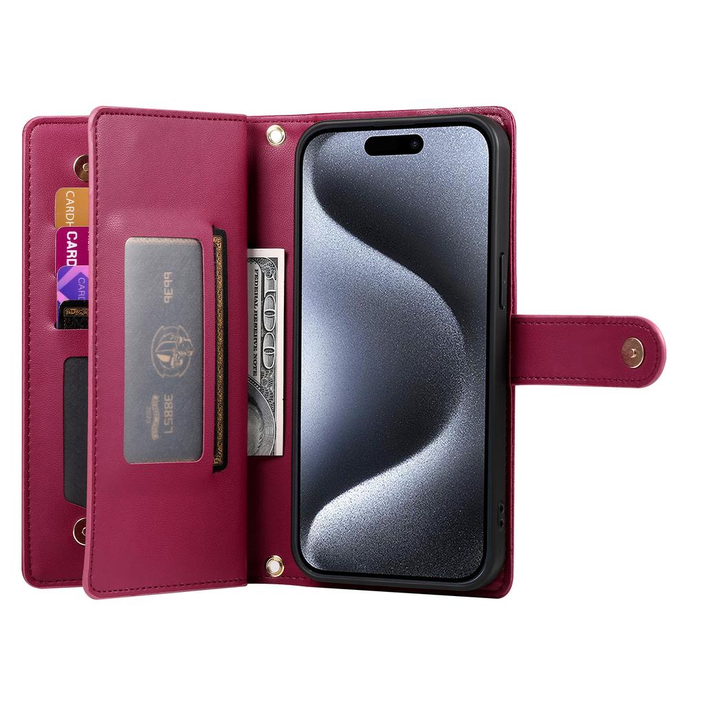 DF-011 For iPhone 15 Pro Case Zipper Leather Phone Cover with Shoulder Strap and Hand Strap