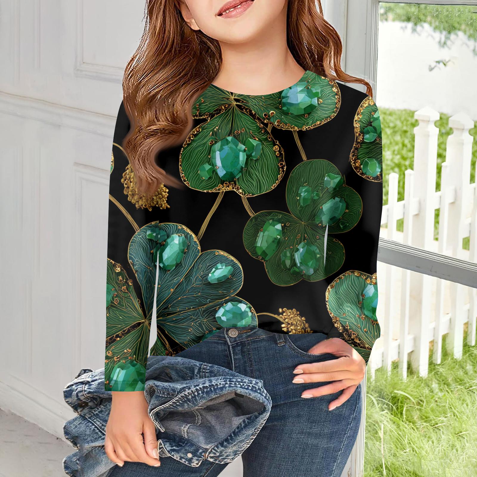 

Футболки с длинным рукавом для девочек, детские осенние топы, базовые футболки с принтом и круглым вырезом, День святого Патрика 130