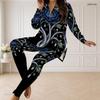 Women Plus Size Black Printed Front Zip Long Sleeve Top And Fitted Pants Two Piece Set