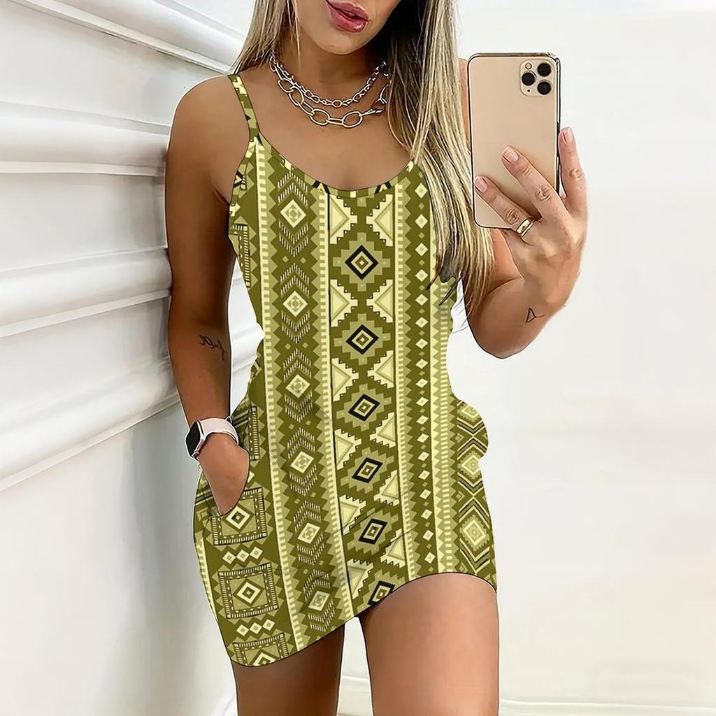 Summer New Retro Geometry and Lines Patterns Print Sleeveless Bodycon Dress with Pockets Sexy Slim Fit Elegant Party Dress