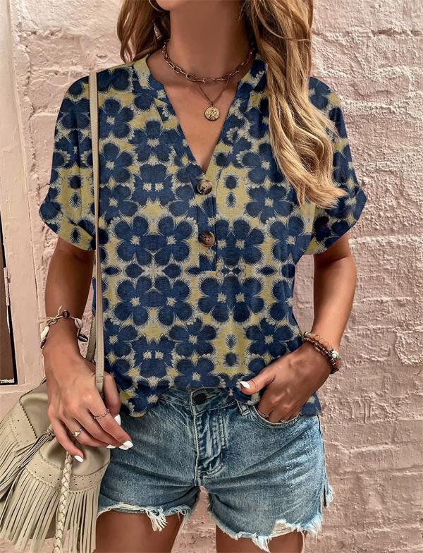 

Floral Print V-Neck Short Sleeve Blouse with Denim Shorts Set, Women s Casual Summer Outfit 3XL темно-синього кольору