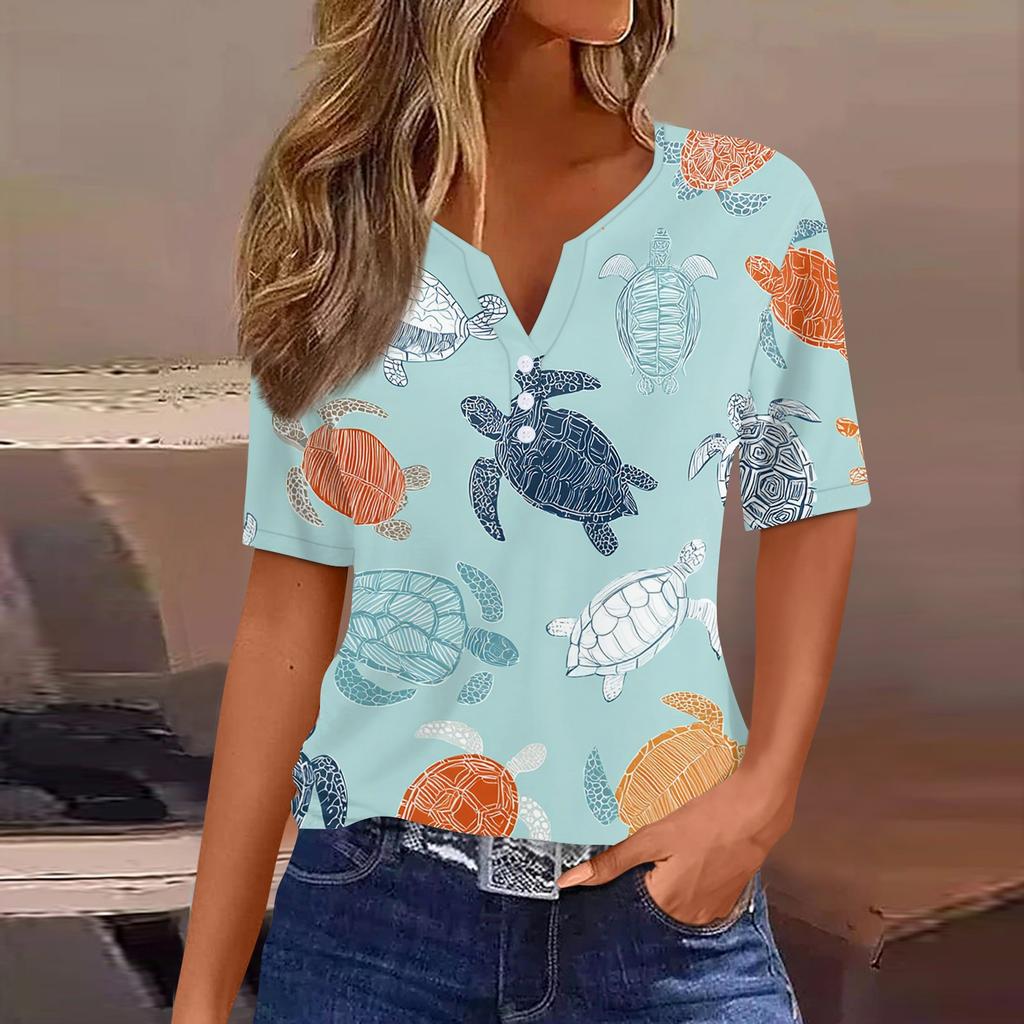 Women's fashionable casual Hawaiian print V-neck short-sleeved button-down T-shirt top