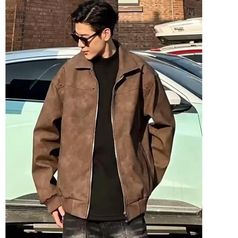 Spring new Maillard retro old brown suede jacket locomotive jacket trendy men's and women's high-end short coat