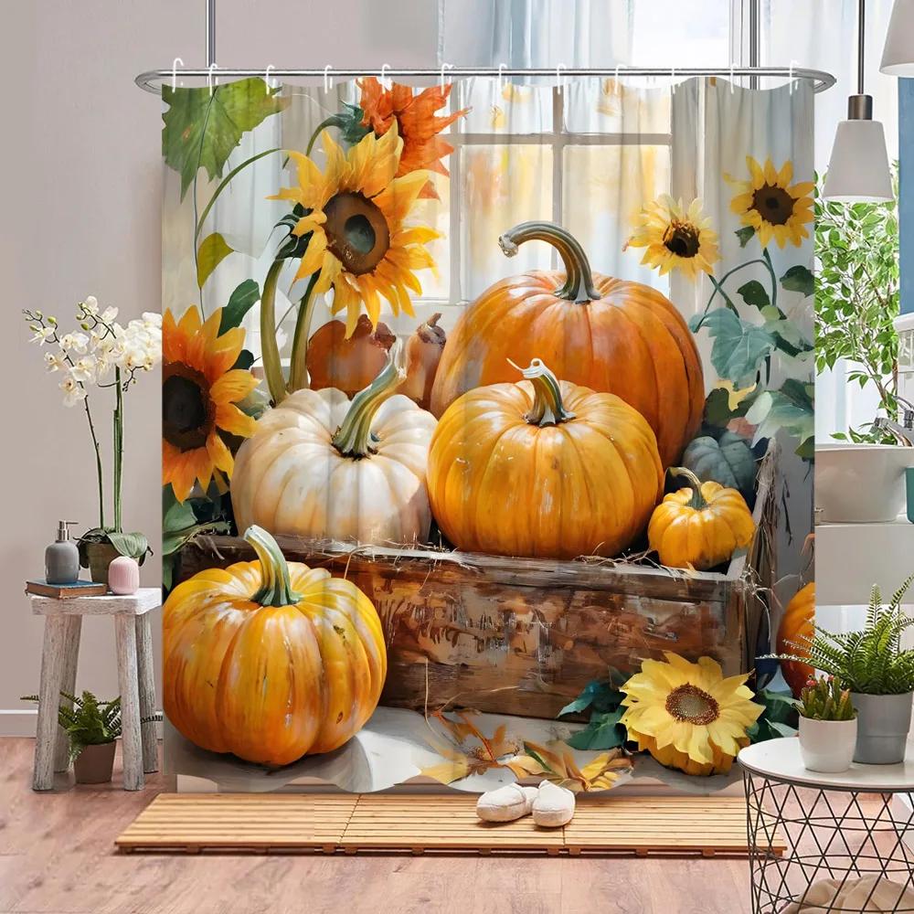 Autumn Scenic Shower Curtain Fall Pumpkin Farm Thanksgiving Butterfly Flower Leaf Barn Polyester Fabric Bathroom Decor Curtains