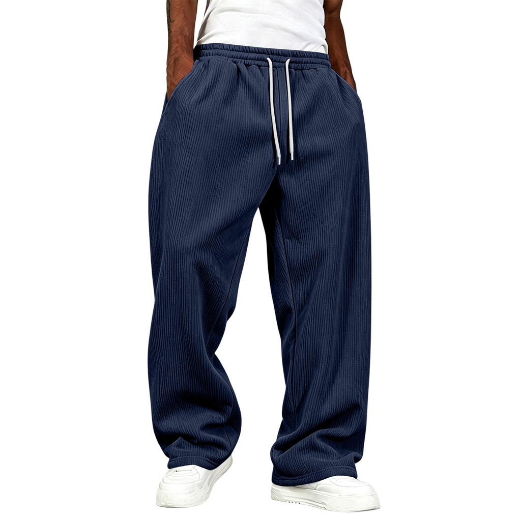 Men's Corduroy Wide Leg Pants with Pockets High Waist Loose Fit Casual Trousers