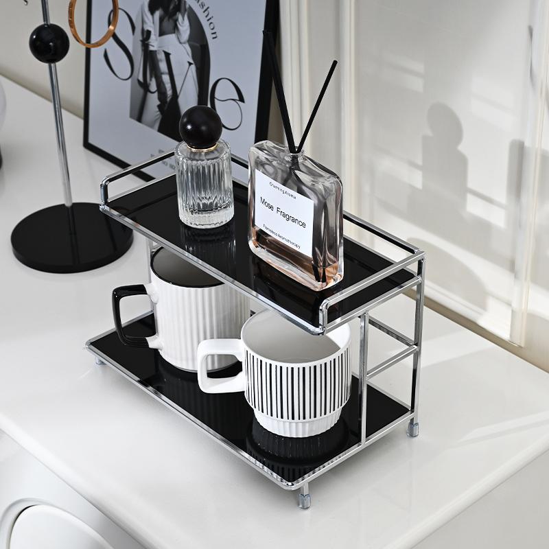Metal Desktop Layered Storage Rack Double-Layer Desk Storage Rack Bathroom Cosmetics Storage Rack for Living Room Entrance Hall Kitchen and Bathroom