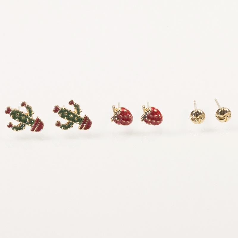 S925 Silver Needle Korean Temperament Sweet Fashion New Mini Cactus Strawberry Three-piece Combination Stud Earrings