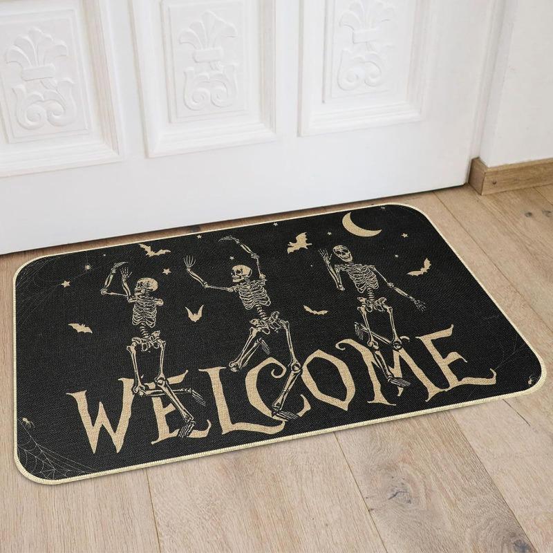 Halloween Scary Skeleton Gesture Print Welcome Carpet Mat Rug Skull Rose Border Non-Slip Indoor Outdoor Home Decoration