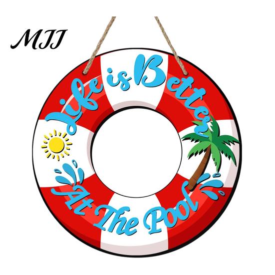 Summer Party Supplies Wooden Swim Ring Hanging Sign for Pool Decoration, Beach Theme Wall Rustic Decor Art with Hemp Rope, Double Layer Seaside