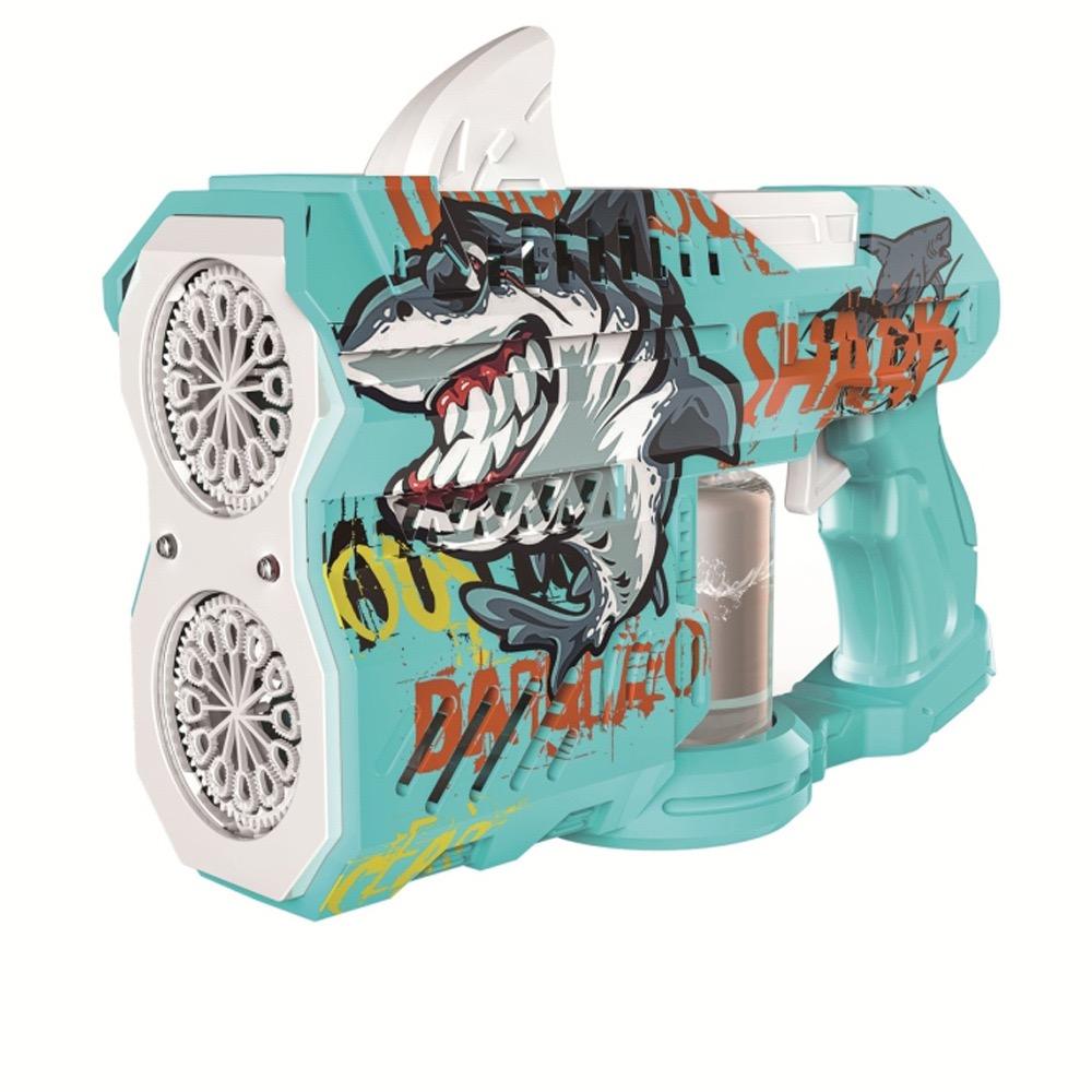 Children and adults' toy, glowing shark bubble gun, electrically fired bubble gun nozzle, essential toy for outdoor play, bubble